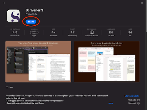 Mac App Store 中 Scrivener 的購買按鈕