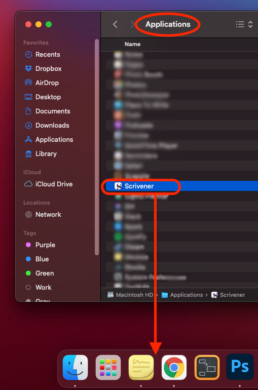 將 Scrivener 拖入 Dock
