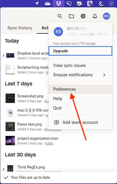 Dropbox 使用者選單中的首選项