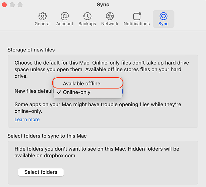 Dropbox 首選项中同步選项卡的設定