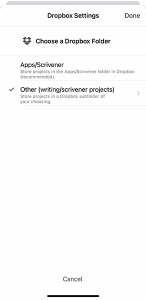 iPhone Dropbox 設定面板截图