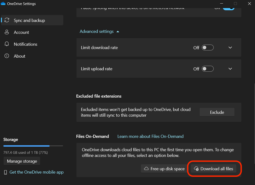 OneDrive 設定中的下載所有文件按鈕