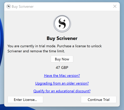 Scrivener 試用模式提示訊息截图
